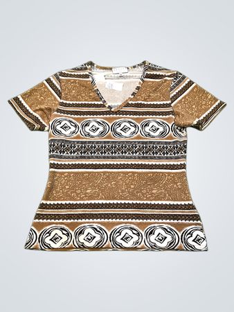 Hennes Collection Braunes & Weißes Gemustertes V-Ausschnitt T-Shirt