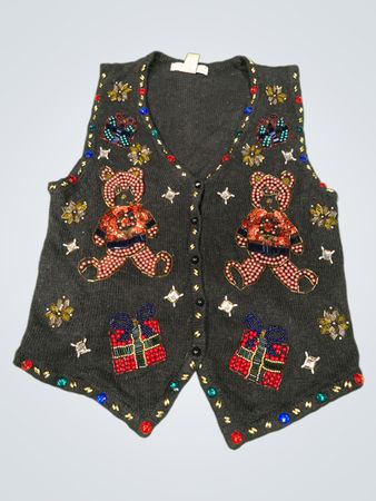 Frauen Perlen Teddy Bear und Geschenk Hässliche Weihnachten Weste