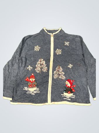 Blauer Reißverschluss-Pullover mit Schneemann- und Christbaum-Stickerei