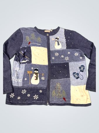 Croft & Barrow Damen Patchwork Schneemann & Baum Applikation Strickjacke