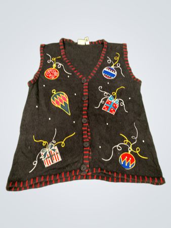 Schwarzer ärmelloser Feiertagsstrickwesten mit Ornamenten und Geschenken