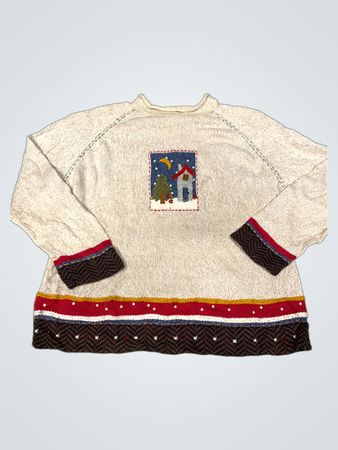 Cremefarbener Strickpullover mit gesticktem Haus-, Mond- und Baum-Motiv