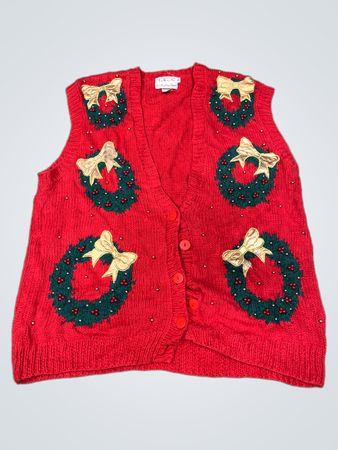 Talbots handgestrickte rote Weste mit Kranz und Schleifen