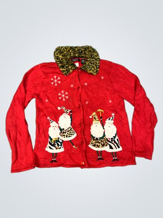Kristall Kobe Roter Weihnachtsmann Weihnachtspullover mit Leopardenmusterkragen