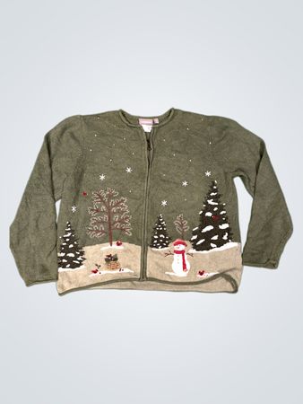 Croft & Barrow Grünes Winterbild Schneemann Weihnachts-Pullover