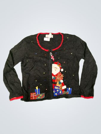 Carly St. Clair Weihnachtskollektion Schwarzer Weihnachtsmann und Rentier Zip-Up Cardigan