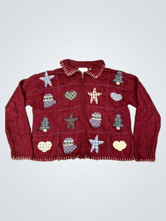 Croft & Barrow Damen burgunderfarbener Weihnachtsapplikations-Reißverschluss-Pullover