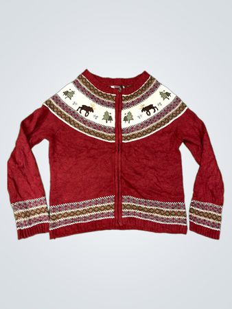 HANNAH Damen Roter Elch & Baum Fair Isle Zip-Up Cardigan L/L