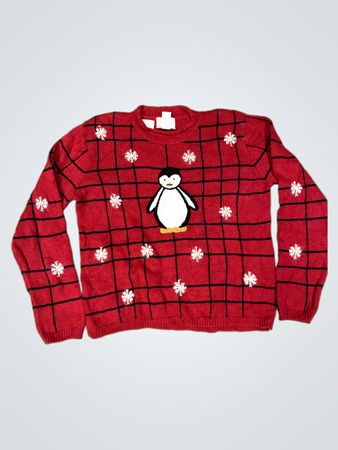 Christopher & Banks Handgestickter Roter Pinguin & Schneeflocken Pullover