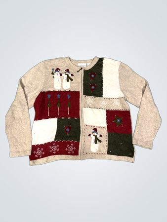 Croft & Barrow Damen Weihnachts Schneemann Patchwork Strickjacke