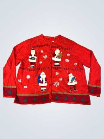 Roter Weihnachts-Pullover mit Applikationen von Santa Claus