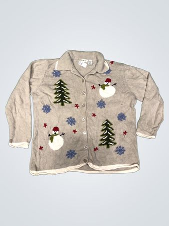 Cherokee Damen Grauer Schneemann und Baum Knopf-Down Pullover