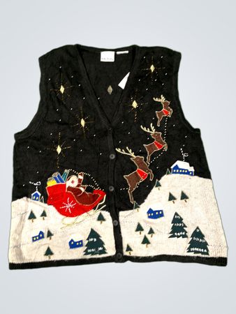 Bobbie Brooks Schwarzer Santa Schlitten Rentier Weihnachtsweste