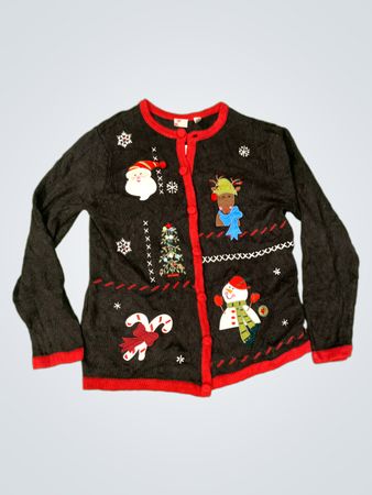 FERIENVERSIONEN Schwarzer Weihnachts-Pullover mit Weihnachtsmann, Schneemann, Rentier, Baum, Zuckerstange