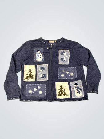 Croft & Barrow Petite Blaue Schneemann und Bäume Weihnachts-Cardigan