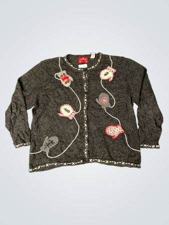 Holiday Lodge Gray Mitten & Snowflake Applique Cardigan Sweater