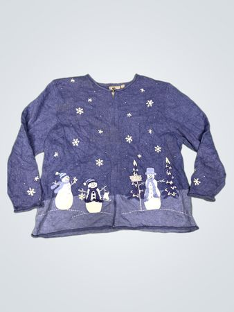 Croft & Barrow Frau Blauer Schneemann Schneeflocken Reißverschluss Pullover