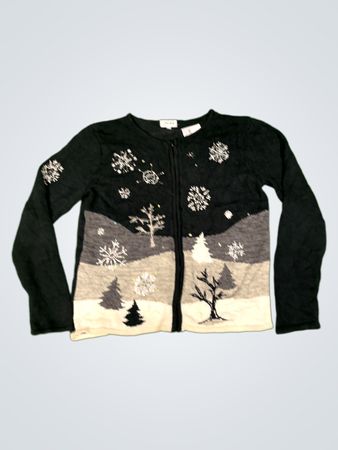 Juli Damen Schwarzer Schneeflockenlandschaft Reißverschluss-Pullover