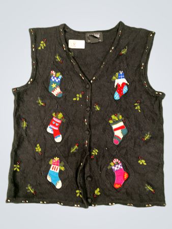 Studio Joy Damen Schwarze Weihnachtsstrumpf V-Ausschnitt Knopf-Front Weste