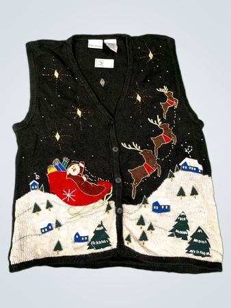 Bobbie Brooks Damen hässlicher Weihnachtspullover-Weste mit Weihnachtsmann und Rentier