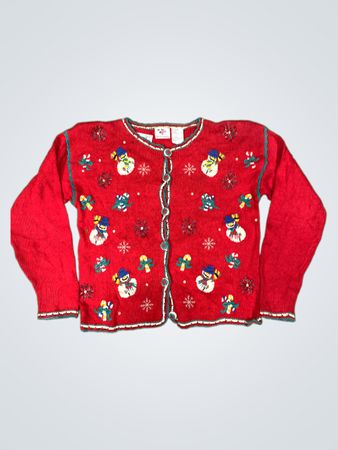Roter WeihnachtsPullover mit Schneemann und Zuckerstangenverzierungen