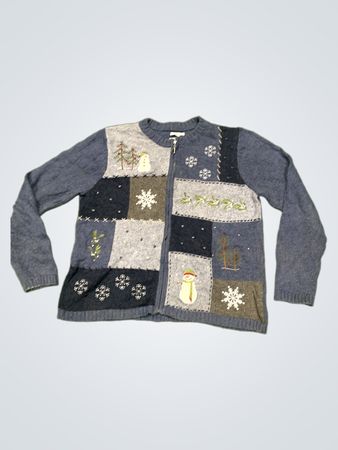 Croft & Barrow Frauen Patchwork Schneemann & Schneeflocken Weihnachts Cardigan Pullover