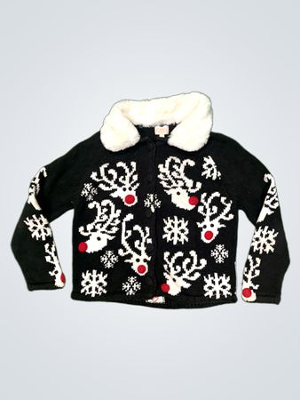 Schwarzer Rentier- und Schneeflocken-Cardigan mit Kunstpelzkragen