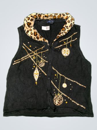 Vestbound Schwarze ärmellose Weste mit Leopardenmuster-Kragen und Verzierungen