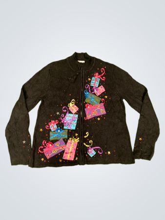 Kikit Knitwear Schwarzer Zip-Up Pullover mit Geschenk-Applikationen