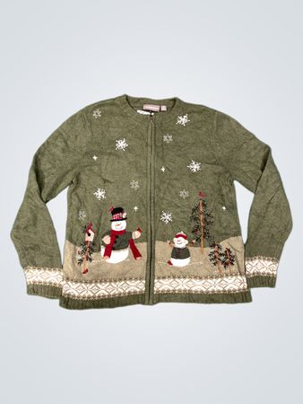 Croft & Barrow Damen grüner Schneemann Weihnachtsstrickjacke Pullover