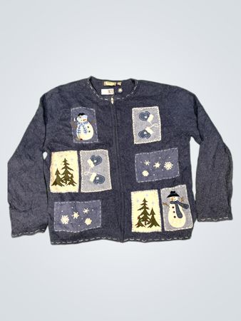 Croft & Barrow Blau Schneemann & Bäume Applikations Zip-Up Cardigan