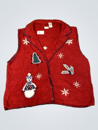 NorthCrest Damen Rot Weihnachts-Weste mit Schneemann und Baum Applikationen