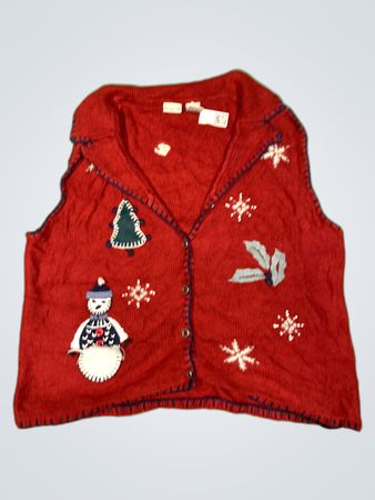NorthCrest Rotes Weihnachtsweste mit Schneemann und Stechpalme Applikationen