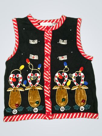 Victoria Jones Damen hässliche Weihnachts-Pullover-Weste Rentier Zuckerstange Lichter