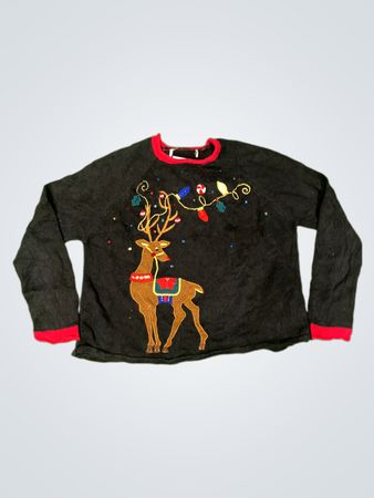 Schwarzer Weihnachts-Pullover mit Rentieren und Lichtern