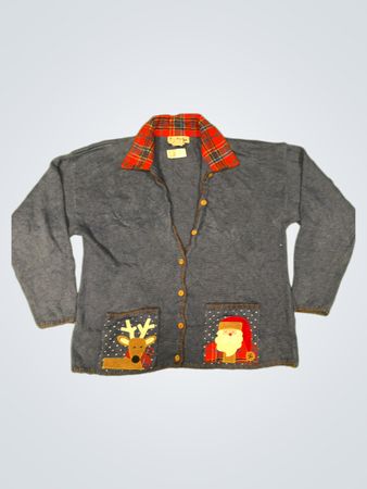 Timberlea Blaue Denim Button-Up Cardigan mit kariertem Kragen und Weihnachtsapplikationen