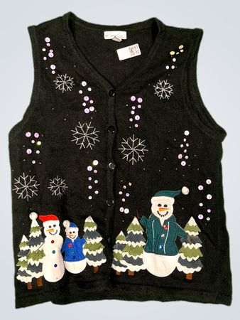 Kim Rogers Petite Schwarzer Schneemann und Baum Knopf-Veste