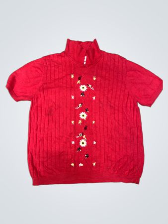 Alfred Dunner Roter Bestickter Stehkragen Kurzarmpullover