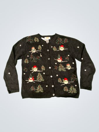 Talbots Petites Damen Schneemann und Weihnachtsbaum Strickjacke