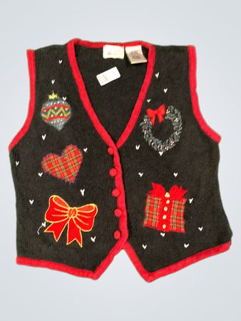 Kathie Lee Damen Schwarze Weihnachtsweste mit rotem Besatz und Applikationen