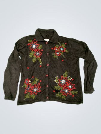 Schwarzer Weihnachts-Kardigan mit Blumen- und Weihnachtsmann-Applikationen