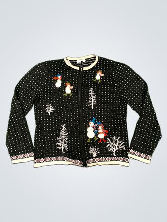 Charter Club Damen Schwarz Schneemann & Baum Muster Reißverschluss Cardigan Pullover