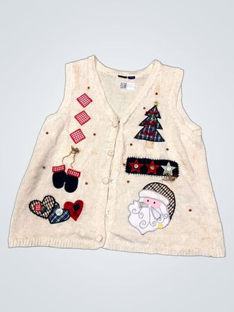Cremefarbener, gestrickter Weihnachtsweste mit Santa- und Baumaufnähern