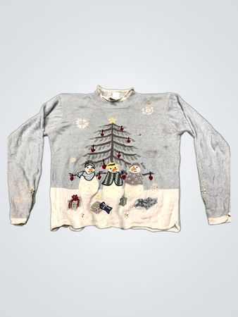 ARRIVISTE Damen leichter blauer Schneemann-Weihnachtsbaum-Pullover Größe M