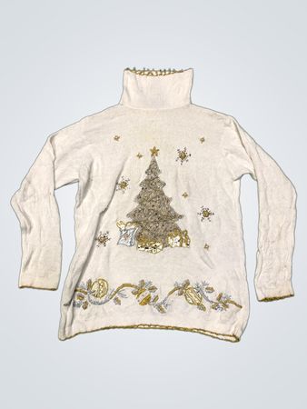 Weißer Rollkragen-Weihnachtspullover mit Baum und Geschenken