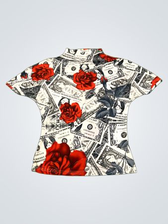 T-Shirt mit Dollar-Schein- und Rosenprint