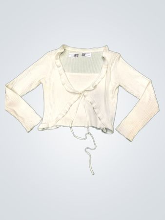 Weiße Rippstrick-Cardigan mit Rüschensaum