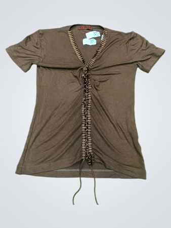 La Vonja Brown gerafftes V-Ausschnitt-T-Shirt mit Kordelzug