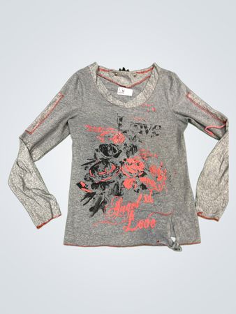 Grau langärmeliges T-Shirt mit Blumen- und Textdruck