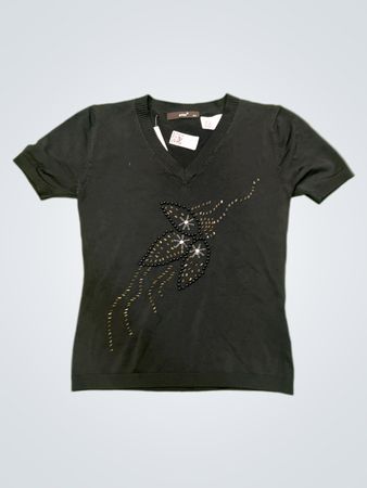 EVISU Schwarzes verziertes V-Ausschnitt-Stricktop